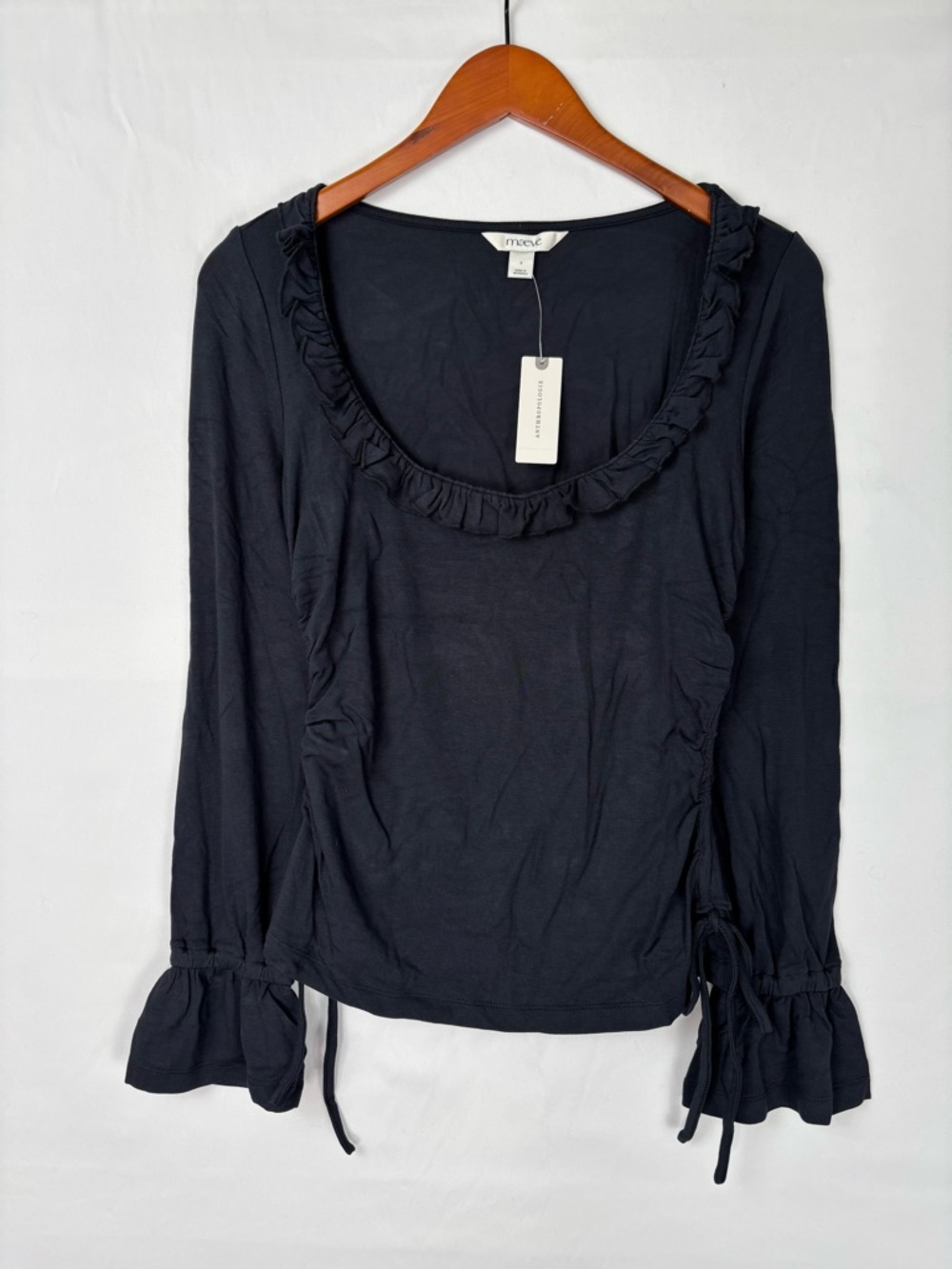 NEW Maeve Long Sleeve Scoop Neck Ruched Top Black Size S